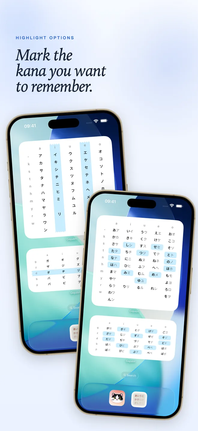 Gojuon App Store image showing highlighted kana