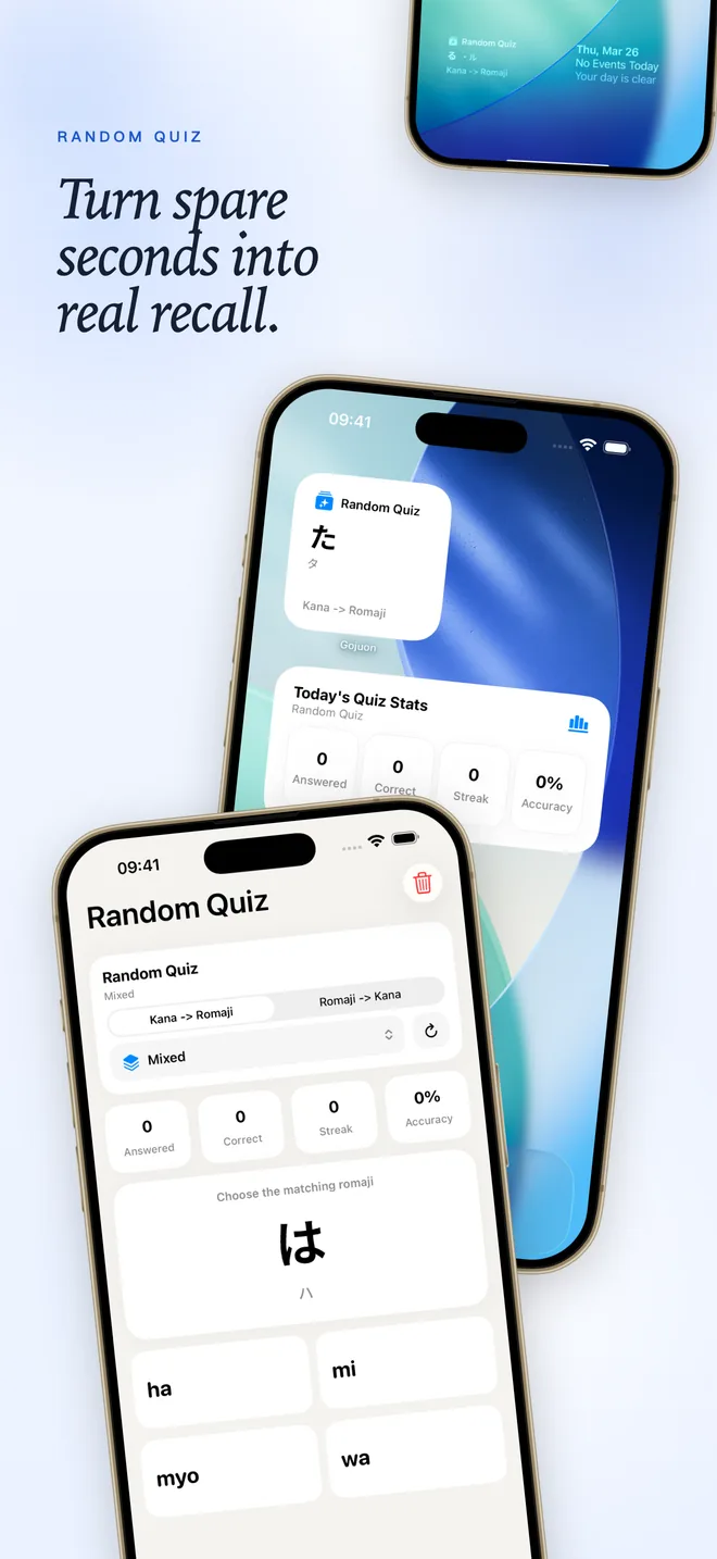 Gojuon App Store image showing a kana quiz